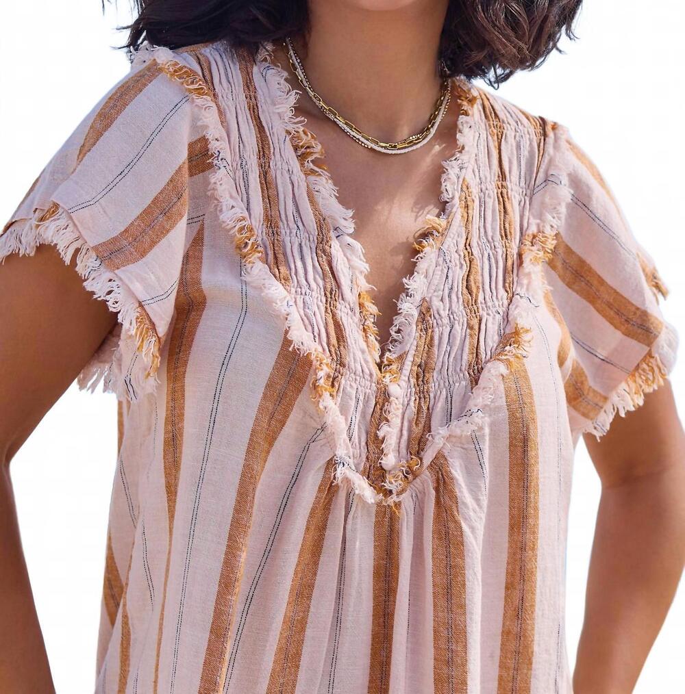 NEW TRIBAL short sleeve blouse with raw edge & smocking in saharabeige-2523